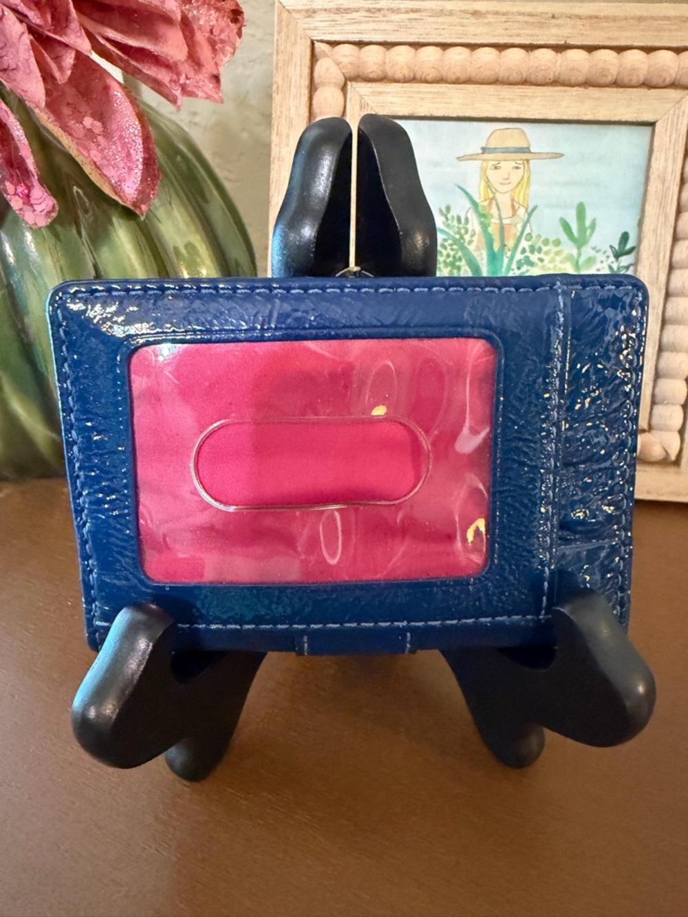 Coach Glossy Blue Patent Leather Card Case with Hot Pink Interior- GUC - Picture 3 of 8
